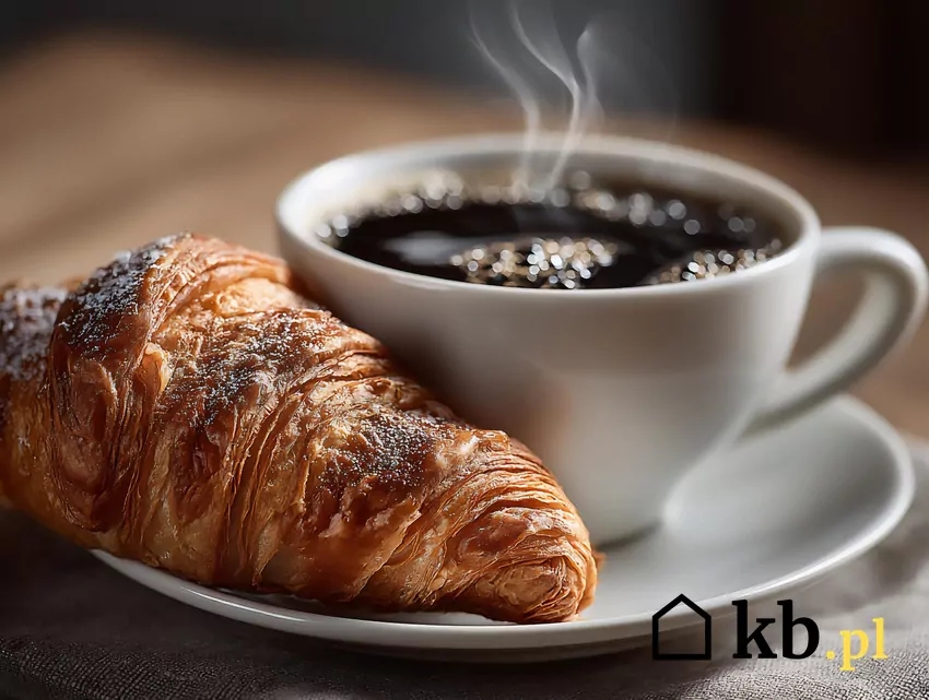 Przegląd gazetki Intermarche z dn. 30.10-5.11 Filiżanka zaparzonej czarnej kawy obok rogalik