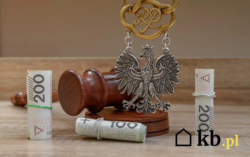 Deweloper będzie walczył w sądzie o odszkodowanie łańcuch sędzi, młotek sędziowski, pieniądze