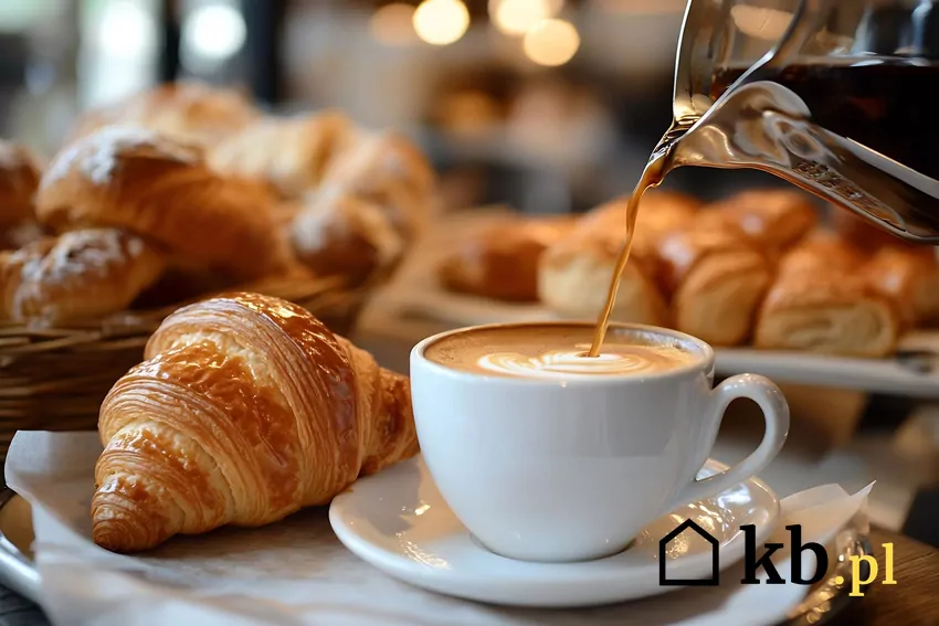 Wlewanie kawy do filiżanki, w tle są rogaliki