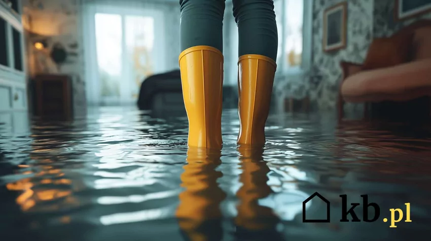 Człowiek w gumiaka w zalanym mieszkaniu