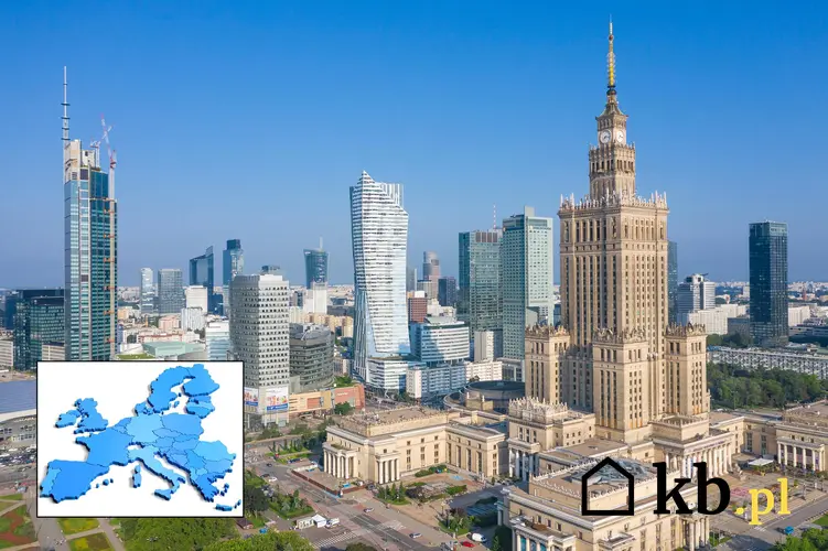 Panorama Warszawy. W lewym dolnym rogu mapa Europy.
