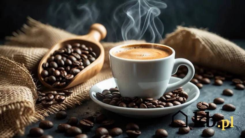 Filiżanka zaparzonej czarnej kawy, obok ziarna kawy