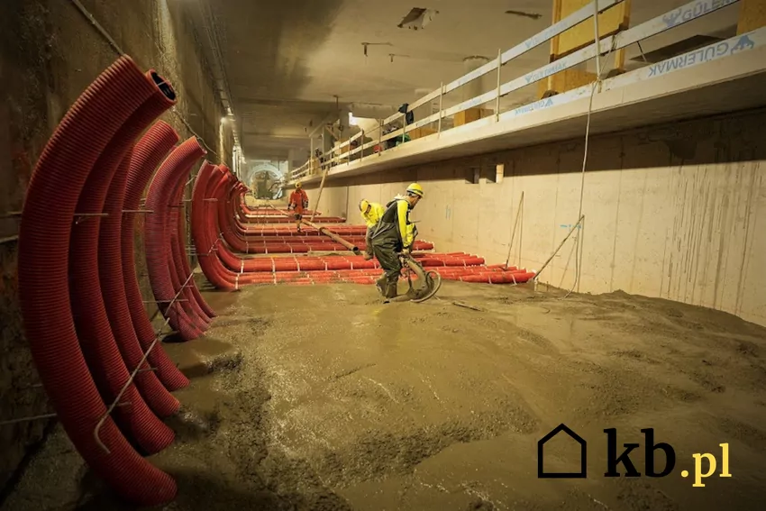Robotnicy przygotowują perony oraz podziemne tunele budowa peronu przy II stacji metra