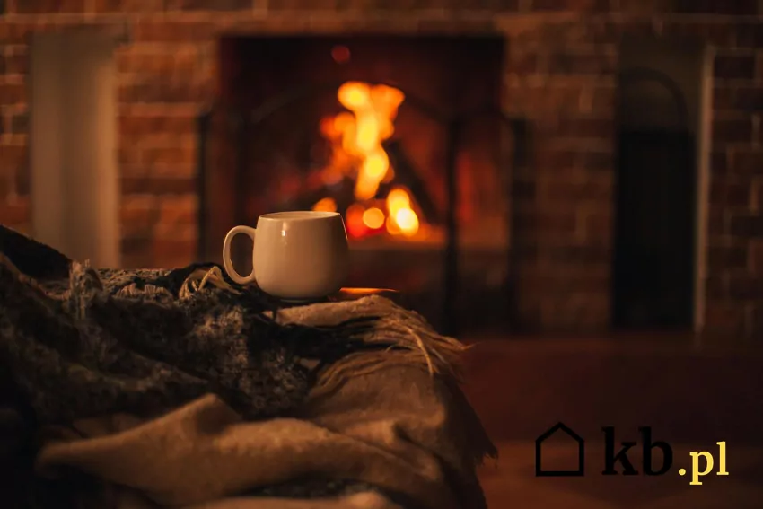 Okazyjne palenie w kominku „dla klimatu” rządzi się innymi zasadami niż codzienne ogrzewanie Kubek na kanapie na tle kominka