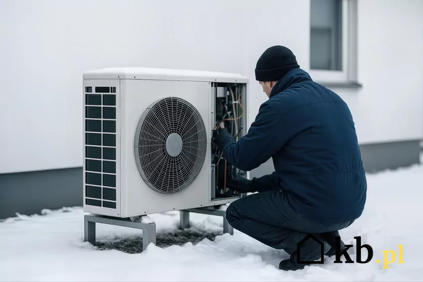 mężczyzna naprawia pompę ciepła