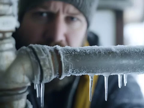 Zamarznięta woda w rurach