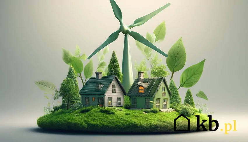 graficzna ilustracja domów i wiatraków