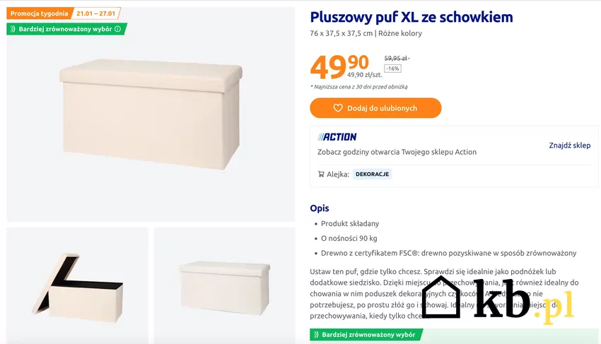 Pluszowy puf XL ze schowkiem, fot. www.action.com/pl Puf Action