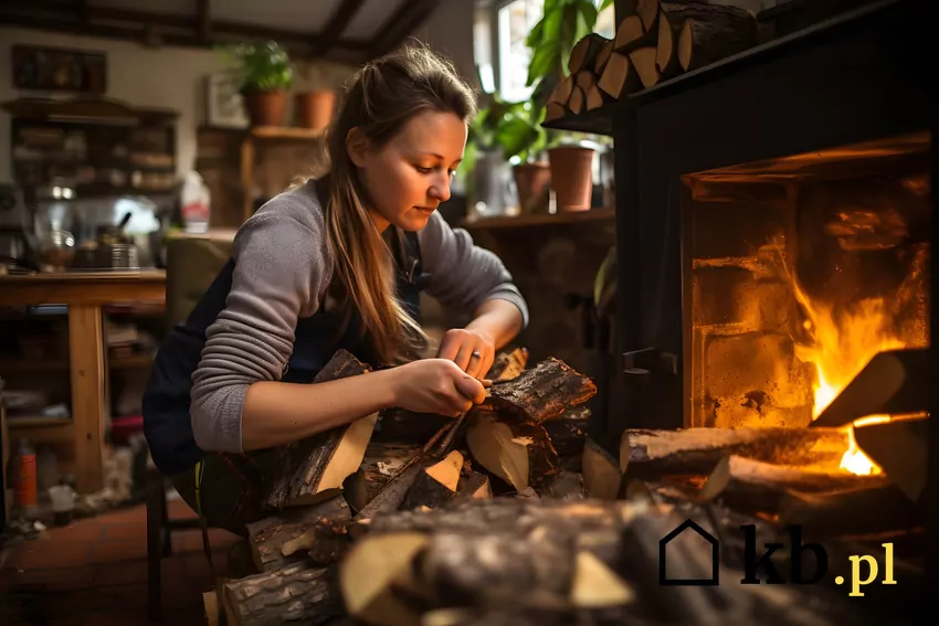 kobieta dokłada drewno do kominka