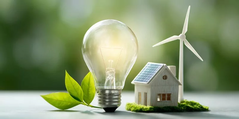 żarówka i turbina przy drewnianej figurce domu