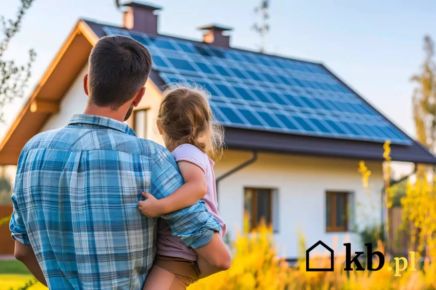 ojciec z córką, panele fotowoltaiczne na dachu domu