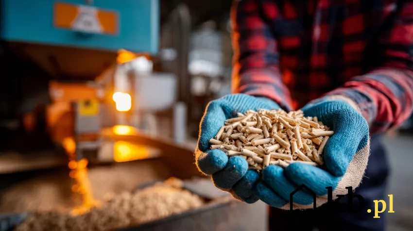 pracownik fabryki biomasy trzyma w dłoniach pellet
