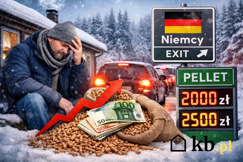 Mężczyzna zmartwiony wysokimi cenami pelletu zimą, symbol drogiego ogrzewania i wyjazdów po opał do Niemiec