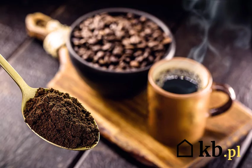 Kawa zaparzona w kubku, w tle ziarna kawy, na przodzie łyżeczka z kawą sypaną