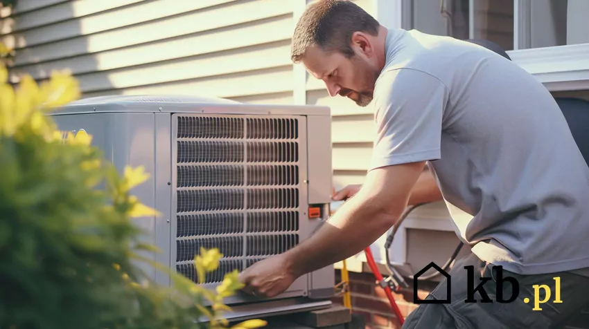 Mężczyzna nachyla się przy pompie ciepła