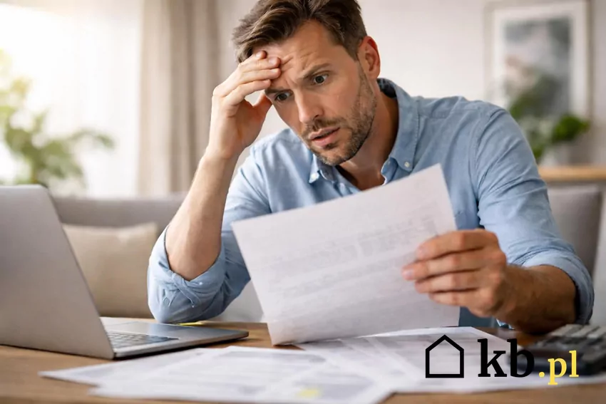 Zaniepokojony mężczyzna czyta wezwanie z urzędu skarbowego dotyczące zaległego podatku sprzed lat
