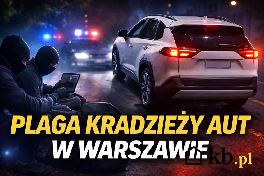 Zamaskowani sprawcy przy białym SUV-ie nocą na ulicy w Warszawie, w tle światła radiowozu i napis o pladze kradzieży aut
