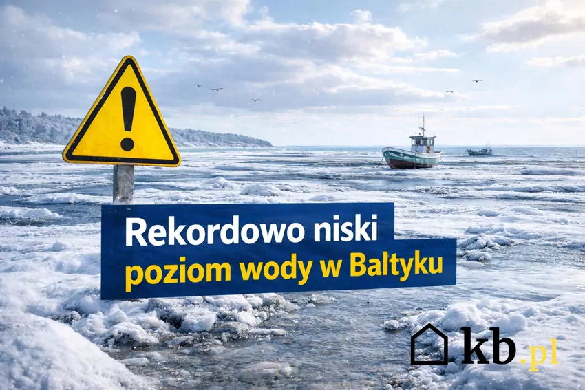 Rekordowo niski poziom wody w Bałtyku – zimowa sceneria wybrzeża Zimowe wybrzeże Bałtyku z odsłoniętym dnem i napisem Rekordowo niski poziom wody w Bałtyku