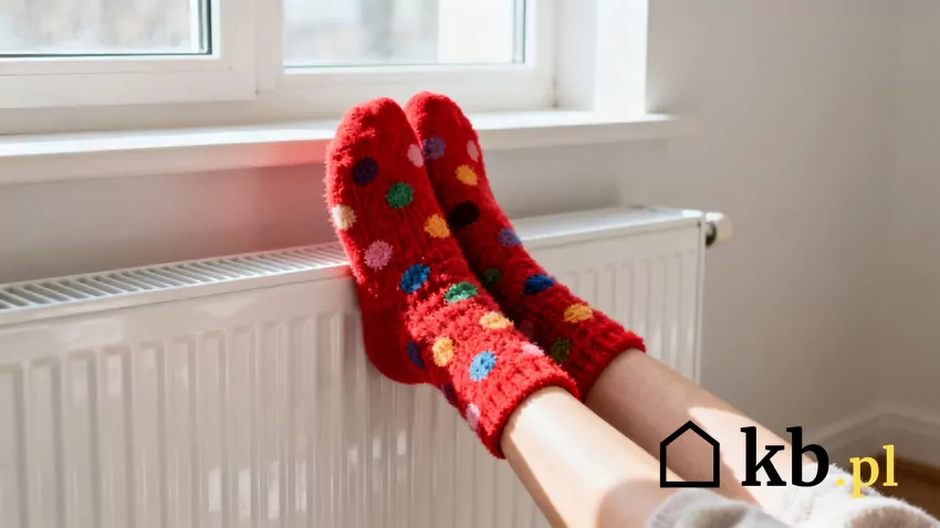 człowiek ogrzewa stopy na kaloryferze