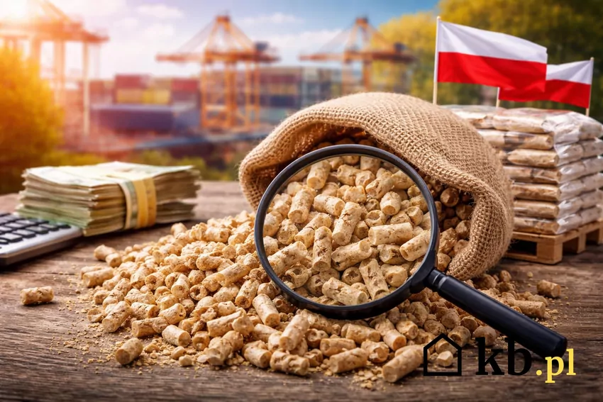 Pellet drzewny pod lupą, banknoty i polska flaga w tle – symbol rosnących cen i importu opału