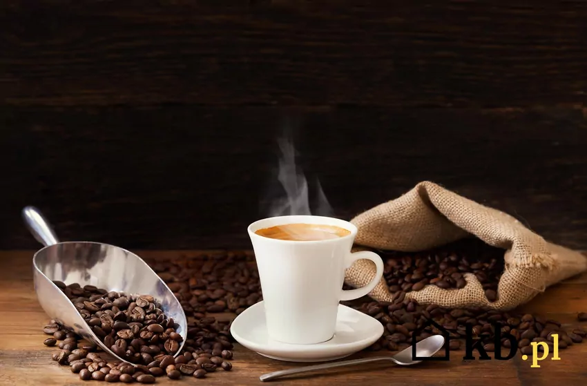 Kawa zaparzona w filiżance, obok ziarna kawy