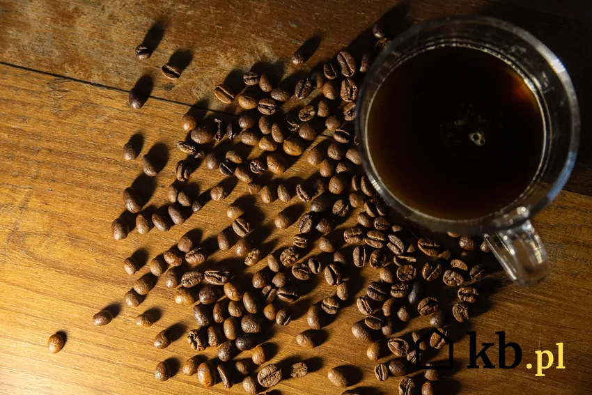 Filiżanka czarnej kawy, obok ziarna kawy