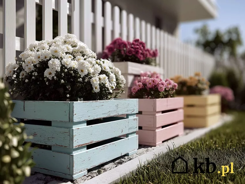 donice z kwiatami pod płotem