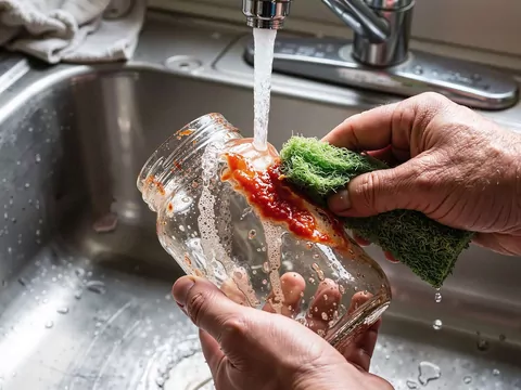 Mycie brudnego słoika do kosza na szkło