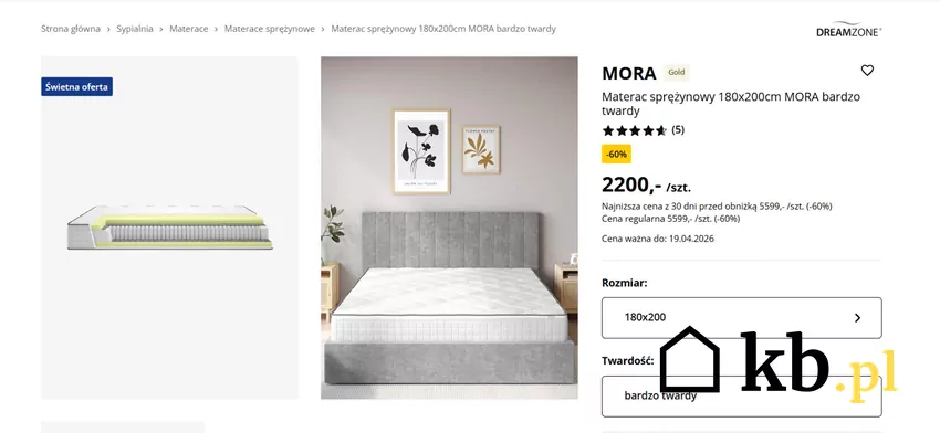 Materac sprężynowy 180x200cm MORA bardzo twardy w przecenie -60% Jysk - gazetka