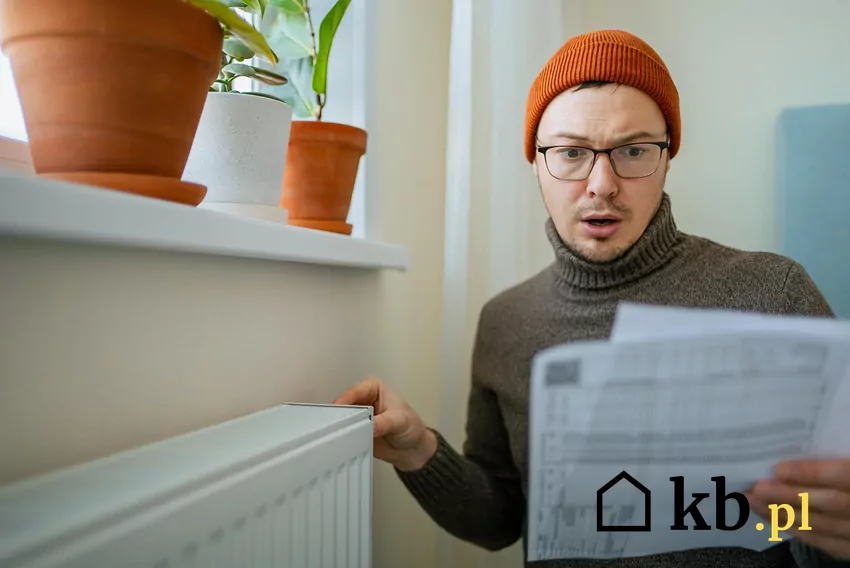 człowiek przy grzejniku patrzy na wysokie rachunki