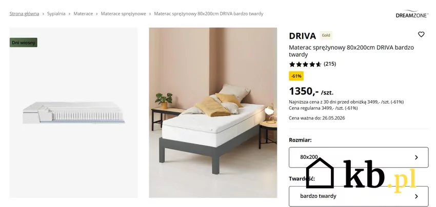 Materac sprężynowy 80x200cm DRIVA bardzo twardy - taniej o 61% Jysk - gazetka