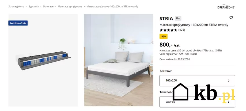 Materac sprężynowy 160x200cm STRIA twardy aż 66% taniej Jysk - gazetka