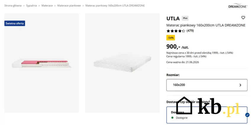 Materac piankowy 160x200cm UTLA DREAMZONE taniej o 54% Jysk - gazetka