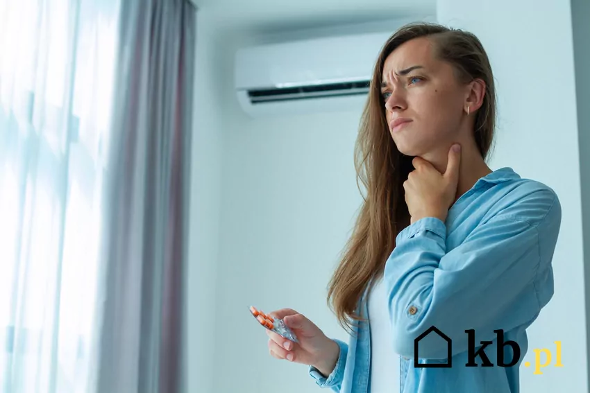 kobieta cierpi na ból gardła, klimatyzacja