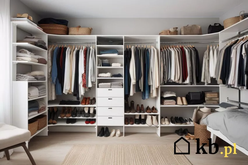 Nowoczesna garderoba typu walk-in closet z zabudową na wymiar pokazuje, dlaczego Amerykanie od lat wybierają osobne pomieszczenia zamiast dużych szaf garderoba