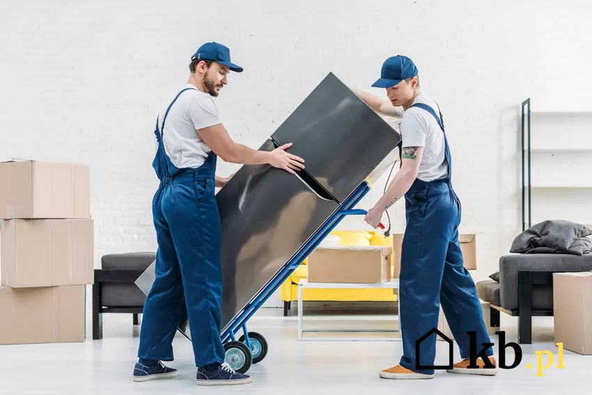 Robotnicy wyprowadzają lodówkę z domu