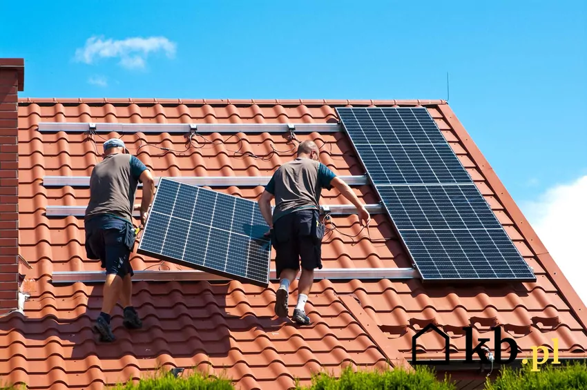 Dwóch mężczyzn niesie panel PV na dachu