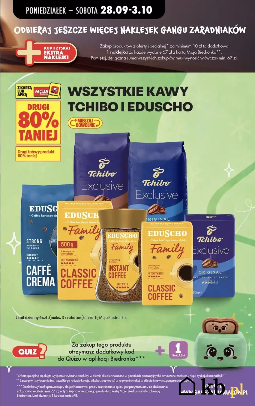Wszystkie kawy Tchibo i Eduscho z rabatem "drugi 80% taniej" Promocje w Biedronce