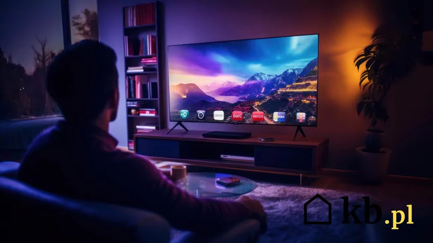 Duży telewizor OLED wyświetla jasny obraz, a jego pobór prądu zależy między innymi od ustawień jasności i rodzaju oglądanych treści. telewizor | wygenerowane przez AI