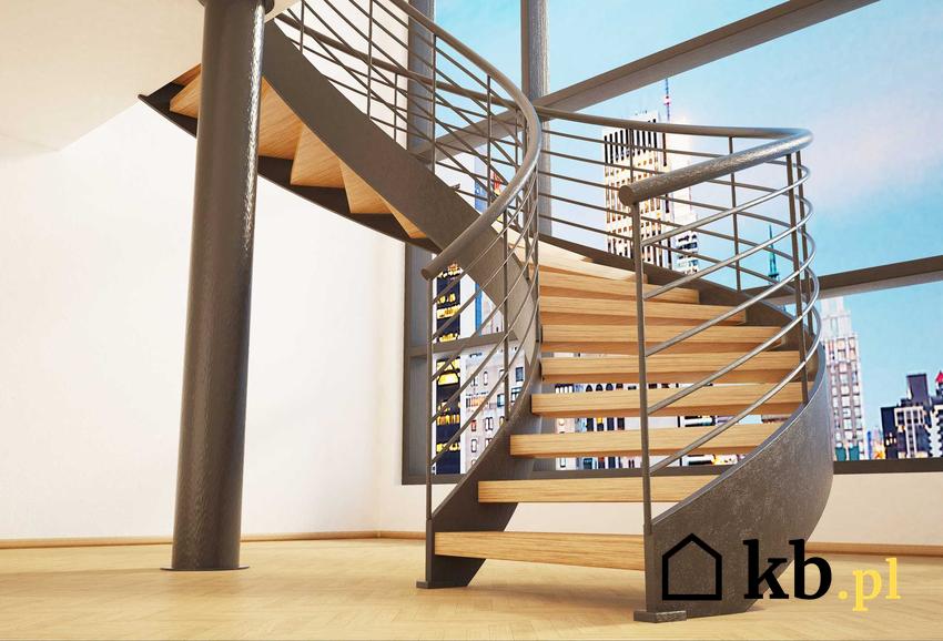 Schody spiralne czy też schody kręcone w nowoczesnym wnętrzu, w tym schody dębowe lub schody metalowe krok po kroku