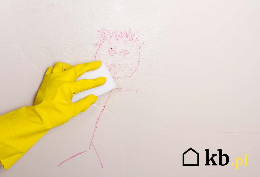Ręka w gumowej rękawiczce próbuje zmyć dziecięcy obrazem ze ściany, detergenty potrzebne do przygotowania ścian do malowania farbą