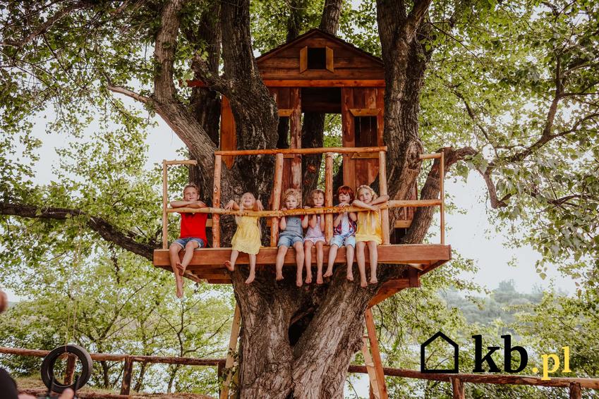Dzieci siedzące na tarasie domku na drzewie, widok z dołu na dzieci spędzające czas w domku na drzewie, jakie są zasady budowania domku na drzewie