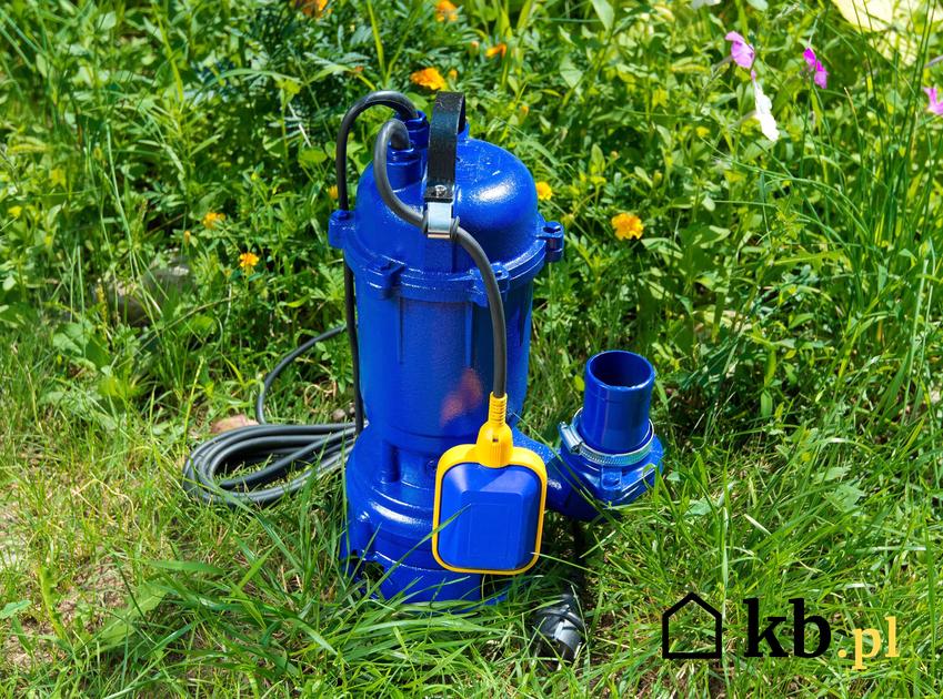 Niebieska pommpa głębinowa na trawie, jak samodzielnie przymocować wyłącznić ciśnieniowy do pompy w studni
